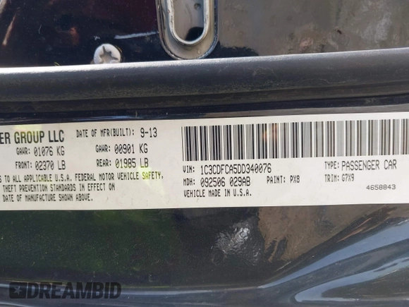 2013 Dodge Dart Limited with VIN 1C3CDFCA5DD340076, listed as a IAAI auction lot 41907098 with 194,527 mi miles. Bid and sale history available at carsss.com. Image 9.