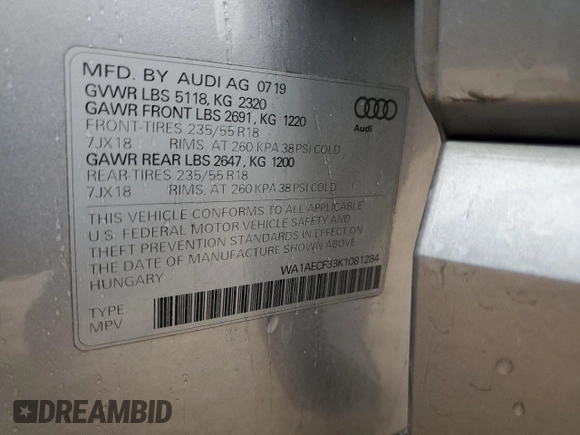 2019 Audi Q3 Premium with VIN WA1AECF33K1081284, listed as a Copart auction lot 37348383 with 84,909 mi miles. Bid and sale history available at carsss.com. Image 14.