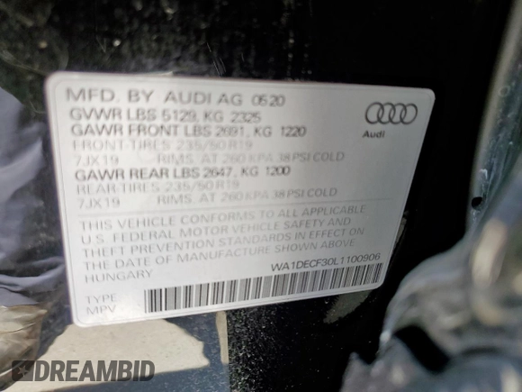 2020 Audi Q3 S line Premium with VIN WA1DECF30L1100906, listed as a Copart auction lot 53922435 with 41,961 mi miles and Salvage title. Bid and sale history available at DreamBid. Image 13.