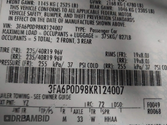 2019 Ford Fusion Titanium with VIN 3FA6P0D98KR124007, listed as a IAAI auction lot 41639572 with 80,272 mi miles. Bid and sale history available at carsss.com. Image 9.