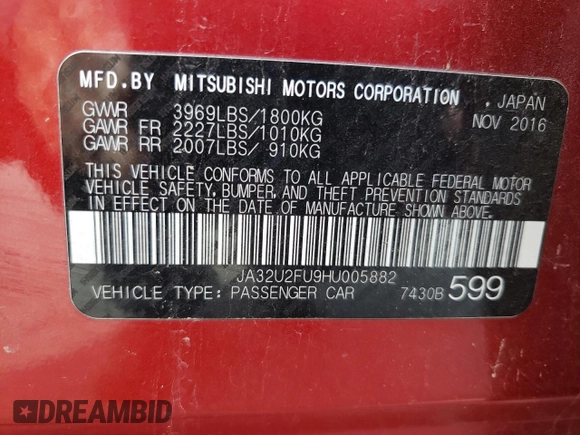2017 Mitsubishi Lancer ES with VIN JA32U2FU9HU005882, listed as a Copart auction lot 66111984 with 131,154 mi miles and Salvage Title. Bid and sale history available at DreamBid. Image 12.