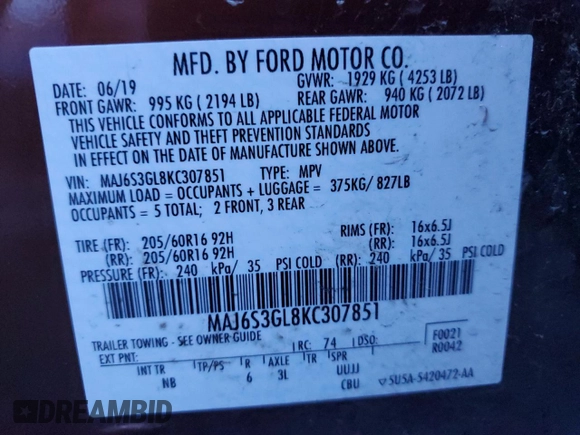 2019 Ford EcoSport SE with VIN MAJ6S3GL8KC307851, listed as a Copart auction lot 86219334 with 81,188 mi miles and Salvage Title. Bid and sale history available at carsss.com. Image 13.