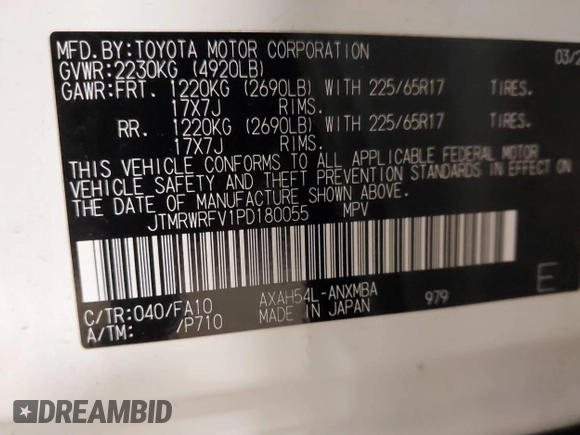 2023 Toyota RAV4 Hybrid XLE with VIN JTMRWRFV1PD180055, listed as a IAAI auction lot 41748593 with 40,487 mi miles. Bid and sale history available at carsss.com. Image 9.