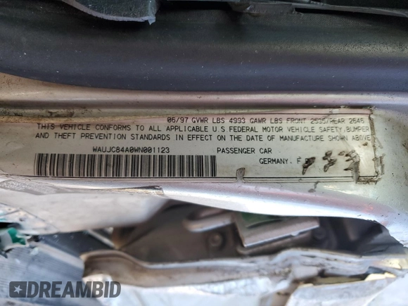 1998 Audi A6 z VIN WAUJC84A0WN001123, wystawiony jako Copart lot #85445164 z przebiegiem Nie podano mil oraz Szkoda całkowita • Salvage title. Historia ofert i sprzedaży dostępna na DreamBid. Obrazek 13.