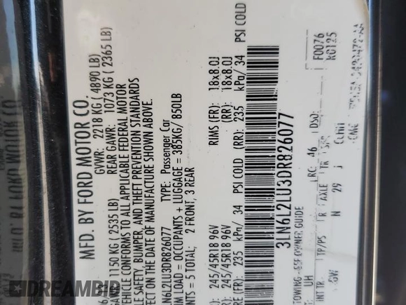 2013 Lincoln MKZ Hybrid with VIN 3LN6L2LU3DR826077, listed as a Copart auction lot 56863185 with 146,645 mi miles and Salvage title. Bid and sale history available at DreamBid. Image 12.