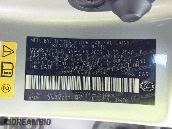 2016 Lexus ES 330 with VIN 58ABK1GG5GU034440, listed as a IAAI auction lot 42055251 with 105,677 mi miles and . Bid and sale history available at DreamBid. Image 9.