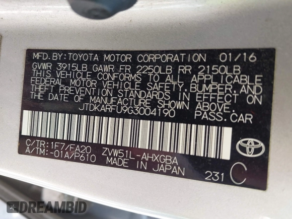 2016 Toyota Prius Four with VIN JTDKARFU9G3004190, listed as a IAAI auction lot 41667279 with 118,216 mi miles. Bid and sale history available at carsss.com. Image 9.