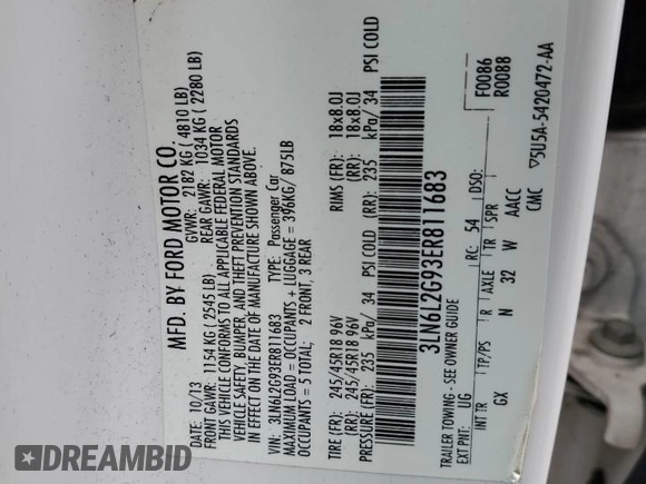 2014 Lincoln MKZ z VIN 3LN6L2G93ER811683, wystawiony jako Copart lot #52004485 z przebiegiem 188 134 mil mil oraz Szkoda całkowita • Salvage title. Historia ofert i sprzedaży dostępna na DreamBid. Obrazek 13.