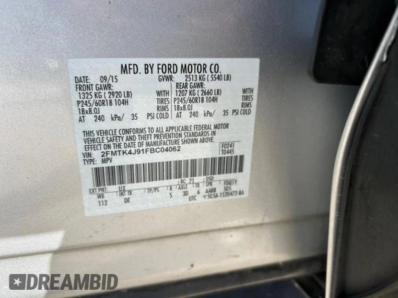 2015 Ford Edge SEL with VIN 2FMTK4J91FBC04062, listed as a Copart auction lot 80933404 with 122,223 mi miles and Clean Title. Bid and sale history available at carsss.com. Image 10.
