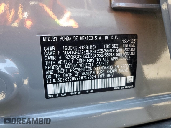 2024 Honda HR-V Sport with VIN 3CZRZ2H59RM752924, listed as a Copart auction lot 56989815 with 13,747 mi miles and Salvage title. Bid and sale history available at DreamBid. Image 13.