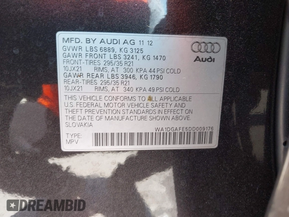 2013 Audi Q7 3.0T S line Prestige with VIN WA1DGAFE5DD009176, listed as a IAAI auction lot 42048689 with 176,035 mi miles. Bid and sale history available at carsss.com. Image 9.