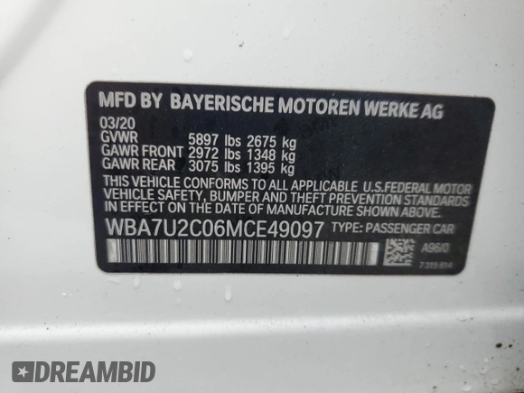 2021 BMW 7 Series 750i xDrive with VIN WBA7U2C06MCE49097, listed as a Copart auction lot 51900185 with 36,664 mi miles and Salvage title. Bid and sale history available at DreamBid. Image 13.