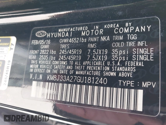 2016 Hyundai Tucson Limited with VIN KM8J33A27GU181240, listed as a IAAI auction lot 42183028 with 104,557 mi miles. Bid and sale history available at carsss.com. Image 9.