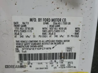 2013 Ford F-150 XL с VIN 1FTFW1ET1DFC71976, выставлен на аукционе Copart как лот 54771005 с пробегом Не указан миль и Списание • Salvage title. История ставок и продаж доступна на DreamBid. Изображение 13.