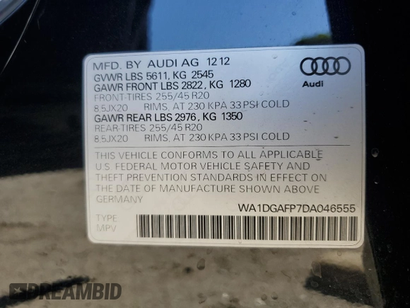 2013 Audi Q5 Premium Plus z VIN WA1DGAFP7DA046555, wystawiony jako Copart lot #56495125 z przebiegiem 98 420 mil mil oraz Szkoda całkowita • Salvage title. Historia ofert i sprzedaży dostępna na DreamBid. Obrazek 13.