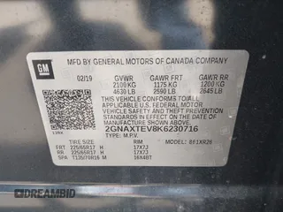 2019 Chevrolet Equinox LT z VIN 2GNAXTEV8K6230716, wystawiony jako IAAI lot #42273645 z przebiegiem 63 762 mil mil oraz . Historia ofert i sprzedaży dostępna na DreamBid. Obrazek 9.
