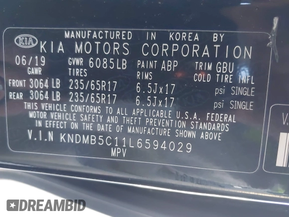 2020 Kia Sedona EX with VIN KNDMB5C11L6594029, listed as a IAAI auction lot 40951800 with 164,989 mi miles. Bid and sale history available at carsss.com. Image 9.
