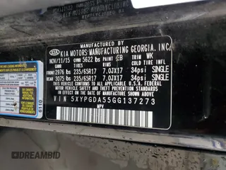 2016 Kia Sorento LX with VIN 5XYPGDA55GG137273, listed as a Copart auction lot 87420554 with 131,056 mi miles and Salvage Title. Bid and sale history available at carsss.com. Image 16.