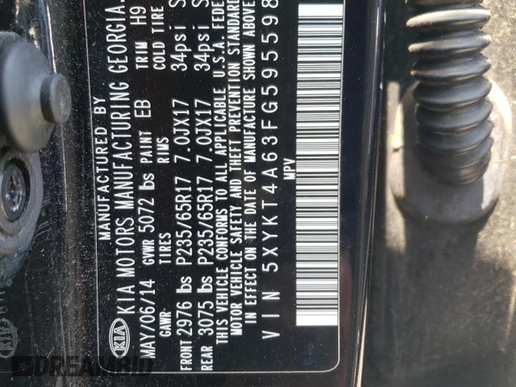 2015 Kia Sorento LX with VIN 5XYKT4A63FG595598, listed as a Copart auction lot 55468395 with 109,932 mi miles and Clean Title. Bid and sale history available at DreamBid. Image 13.