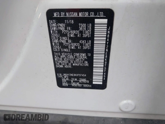 2019 Nissan Armada Platinum with VIN JN8AY2NE8K9757454, listed as a IAAI auction lot 37941190 with 43,549 mi miles. Bid and sale history available at carsss.com. Image 9.