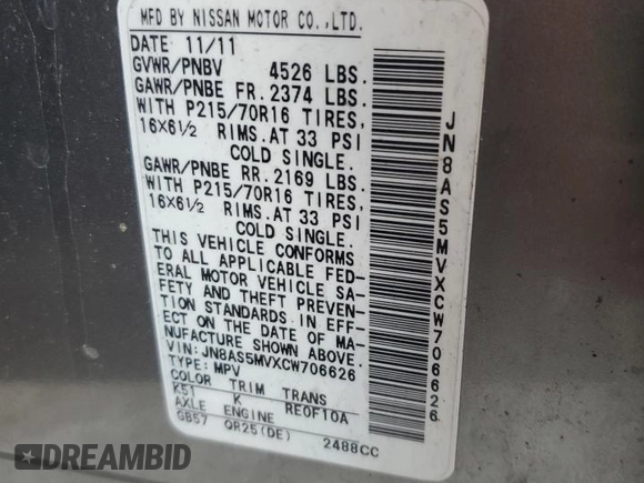 2012 Nissan Rogue S with VIN JN8AS5MVXCW706626, listed as a Copart auction lot 49320465 with Not Provided miles and Non Repairable. Bid and sale history available at DreamBid. Image 12.
