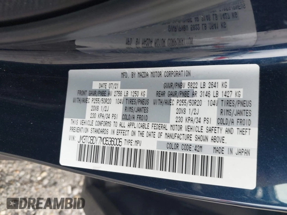 2021 Mazda CX-9 Carbon Edition z VIN JM3TCBDY7M0536005, wystawiony jako IAAI lot #42424129 z przebiegiem 48 005 mil mil oraz . Historia ofert i sprzedaży dostępna na DreamBid. Obrazek 9.