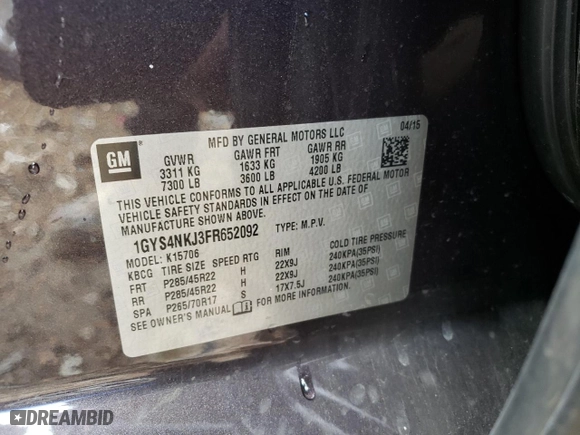 2015 Cadillac Escalade Premium with VIN 1GYS4NKJ3FR652092, listed as a Copart auction lot 48713832 with 0 mi miles and Salvage Title. Bid and sale history available at carsss.com. Image 10.