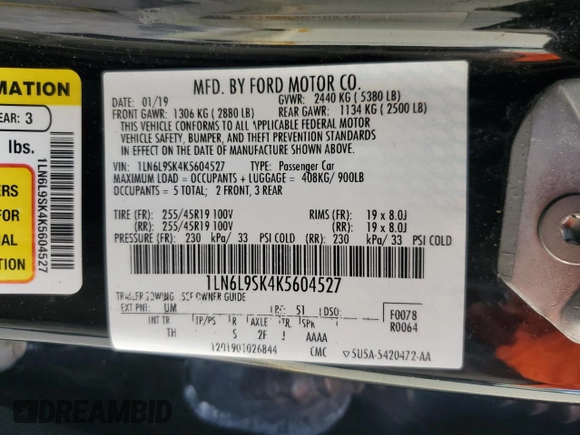 2019 Lincoln Continental Select with VIN 1LN6L9SK4K5604527, listed as a Copart auction lot 60545115 with 208,838 mi miles and Salvage title. Bid and sale history available at DreamBid. Image 12.