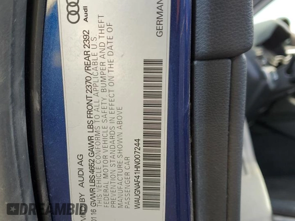 2017 Audi A4 Premium with VIN WAUGNAF41HN007244, listed as a Copart auction lot 42655145 with 80,468 mi miles and Salvage Title. Bid and sale history available at carsss.com. Image 12.