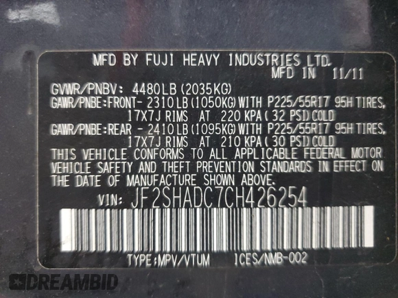 2012 Subaru Forester X Premium with VIN JF2SHADC7CH426254, listed as a Copart auction lot 65325075 with 136,787 mi miles and Clean title. Bid and sale history available at DreamBid. Image 13.