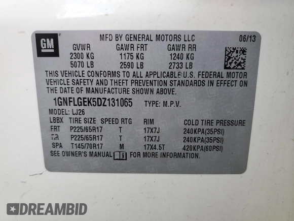 2013 Chevrolet Equinox LTZ with VIN 1GNFLGEK5DZ131065, listed as a Copart auction lot 47130645 with 133,637 mi miles and Salvage Title. Bid and sale history available at DreamBid. Image 13.
