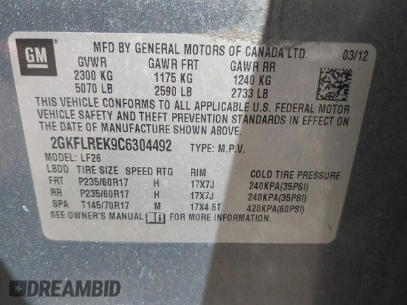 2012 GMC Terrain SLE-1 with VIN 2GKFLREK9C6304492, listed as a IAAI auction lot 42175222 with 135,275 mi miles and . Bid and sale history available at DreamBid. Image 9.