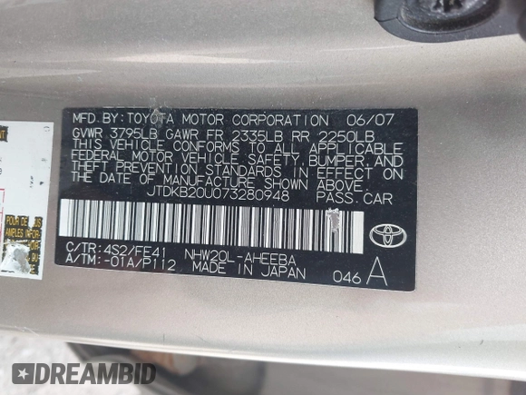 2007 Toyota Prius z VIN JTDKB20U073280948, wystawiony jako IAAI lot #42166258 z przebiegiem 236 628 mil mil oraz . Historia ofert i sprzedaży dostępna na DreamBid. Obrazek 9.