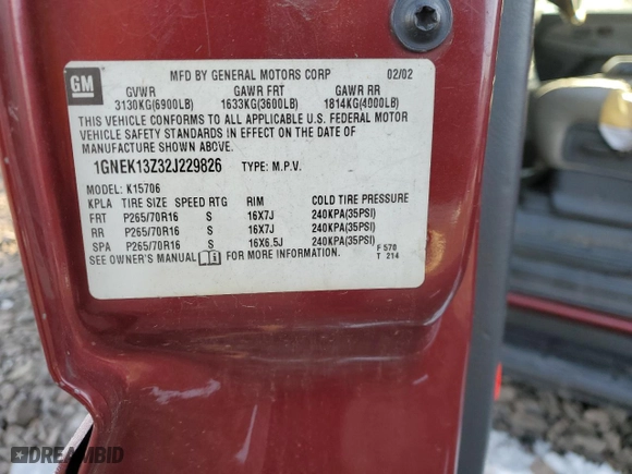 2002 Chevrolet Tahoe LT with VIN 1GNEK13Z32J229826, listed as a Copart auction lot 86582644 with 0 mi miles and Salvage Title. Bid and sale history available at carsss.com. Image 15.