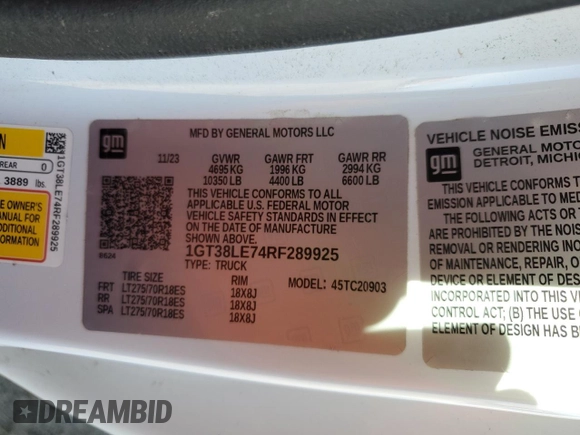 2024 GMC Sierra 1500 with VIN 1GT38LE74RF289925, listed as a Copart auction lot 45566965 with 17,614 mi miles and Salvage Title. Bid and sale history available at DreamBid. Image 12.