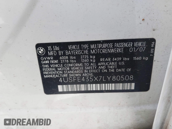 2007 BMW X5 3.0si z VIN 4USFE435X7LY80508, wystawiony jako IAAI lot #42126085 z przebiegiem 168 711 mil mil oraz . Historia ofert i sprzedaży dostępna na DreamBid. Obrazek 9.