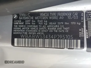 2004 BMW 3 Series 330Ci with VIN WBABW53434PJ95105, listed as a Copart auction lot 60724975 with 75,735 mi miles and Salvage title. Bid and sale history available at DreamBid. Image 12.
