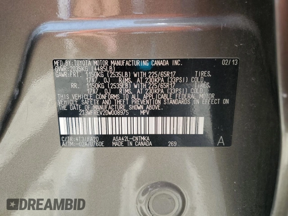2013 Toyota RAV4 XLE z VIN 2T3WFREV2DW008975, wystawiony jako Copart lot #61054295 z przebiegiem 137 766 mil mil oraz Szkoda całkowita • Salvage title. Historia ofert i sprzedaży dostępna na DreamBid. Obrazek 12.