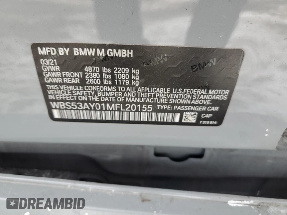 2021 BMW M3 with VIN WBS53AY01MFL20155, listed as a Copart auction lot 88773105 with 48,612 mi miles and Salvage Title. Bid and sale history available at carsss.com. Image 15.