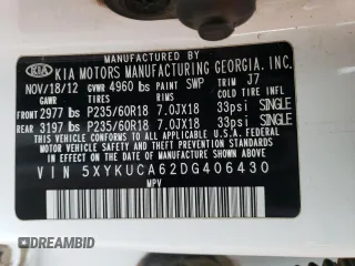 2013 Kia Sorento EX with VIN 5XYKUCA62DG406430, listed as a Copart auction lot 49768465 with 106,438 mi miles and Salvage Title. Bid and sale history available at carsss.com. Image 13.