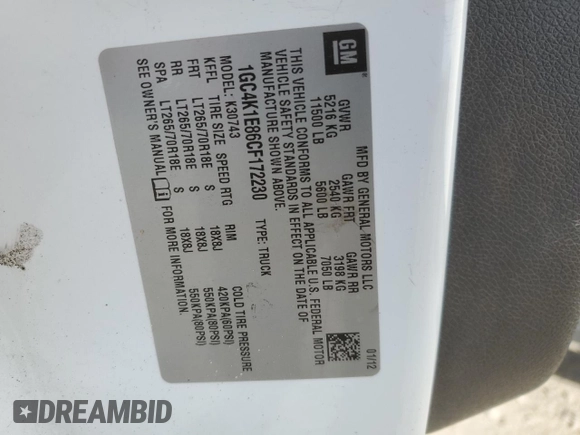 2012 Chevrolet Silverado 3500HD SRW LTZ with VIN 1GC4K1E86CF172230, listed as a Copart auction lot 74526074 with Not Provided miles and Salvage Title. Bid and sale history available at DreamBid. Image 12.