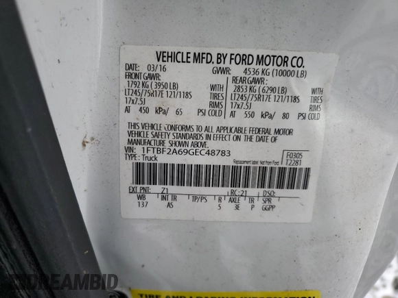 2016 Ford F-250 XL с VIN 1FTBF2A69GEC48783, выставлен на аукционе Copart как лот 88870025 с пробегом 65 112 миль миль и Списание • Salvage title. История ставок и продаж доступна на DreamBid. Изображение 12.