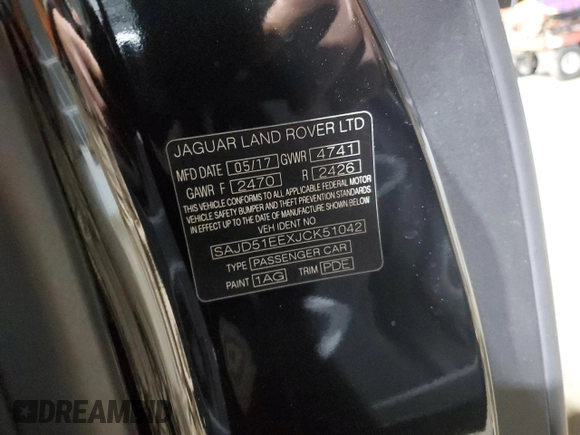 2018 Jaguar F-Type with VIN SAJD51EEXJCK51042, listed as a Copart auction lot 84990464 with 53,400 mi miles and Salvage Title. Bid and sale history available at DreamBid. Image 12.