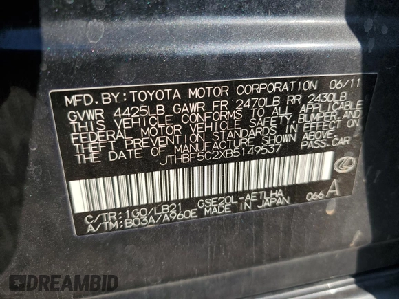 2011 Lexus IS 250 with VIN JTHBF5C2XB5149537, listed as a Copart auction lot 75994294 with 57,272 mi miles and Clean Title. Bid and sale history available at carsss.com. Image 12.