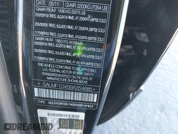 2011 Land Rover Range Rover HSE Lux with VIN SALMF1D45BA354685, listed as a IAAI auction lot 42211420 with Not provided miles and . Bid and sale history available at DreamBid. Image 9.