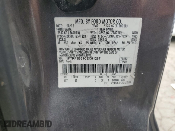 2012 Ford F-350 XL with VIN 1FTRF3B61CEC81287, listed as a Copart auction lot 63963184 with Not Provided miles and Salvage Title. Bid and sale history available at DreamBid. Image 12.