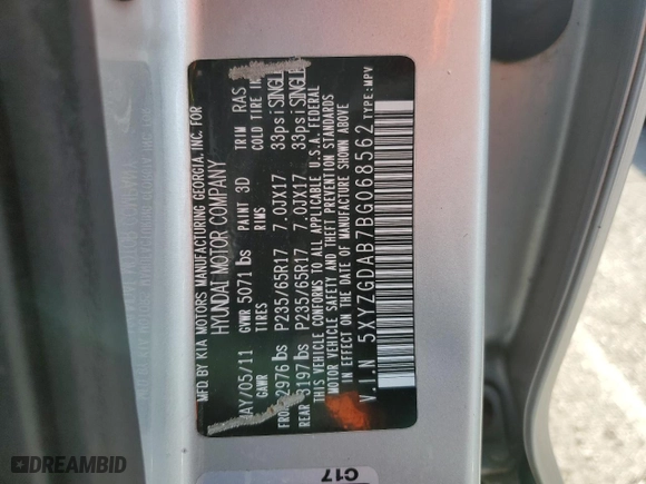 2011 Hyundai Santa Fe GLS with VIN 5XYZGDAB7BG068562, listed as a Copart auction lot 49115295 with 148,562 mi miles and Salvage Title. Bid and sale history available at carsss.com. Image 13.