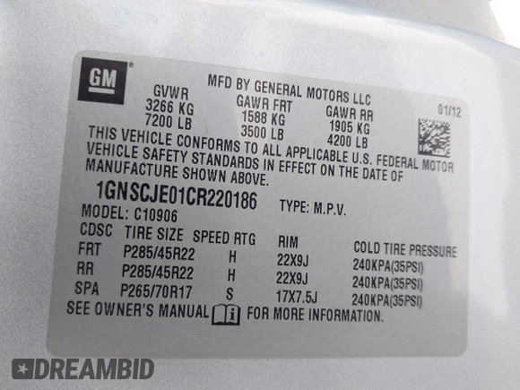 2012 Chevrolet Suburban LT with VIN 1GNSCJE01CR220186, listed as a IAAI auction lot 41476520 with 117,714 mi miles and . Bid and sale history available at DreamBid. Image 9.