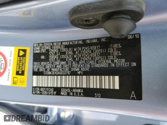 2010 Toyota Highlander with VIN 5TDBK3EH2AS032787, listed as a Copart auction lot 58896315 with 119,092 mi miles and Clean title. Bid and sale history available at DreamBid. Image 13.
