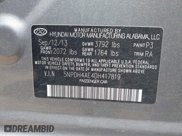 2013 Hyundai Elantra GLS with VIN 5NPDH4AE4DH417819, listed as a IAAI auction lot 42163626 with 135,370 mi miles and . Bid and sale history available at DreamBid. Image 9.